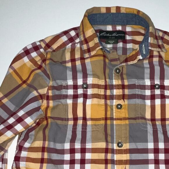 Eddie Bauer Kids Plaid Button Down Shirt yellow burgundy gray white boy's size 7 - Picture 9 of 16